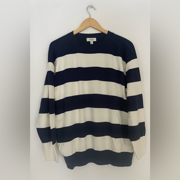 COS Oversized Stripe Cotton Sweater Navy Cream Small - Picture 2 of 6